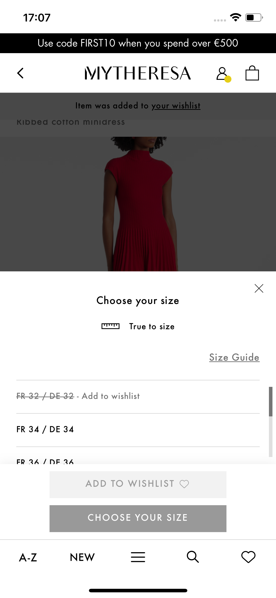 Size selection screen
