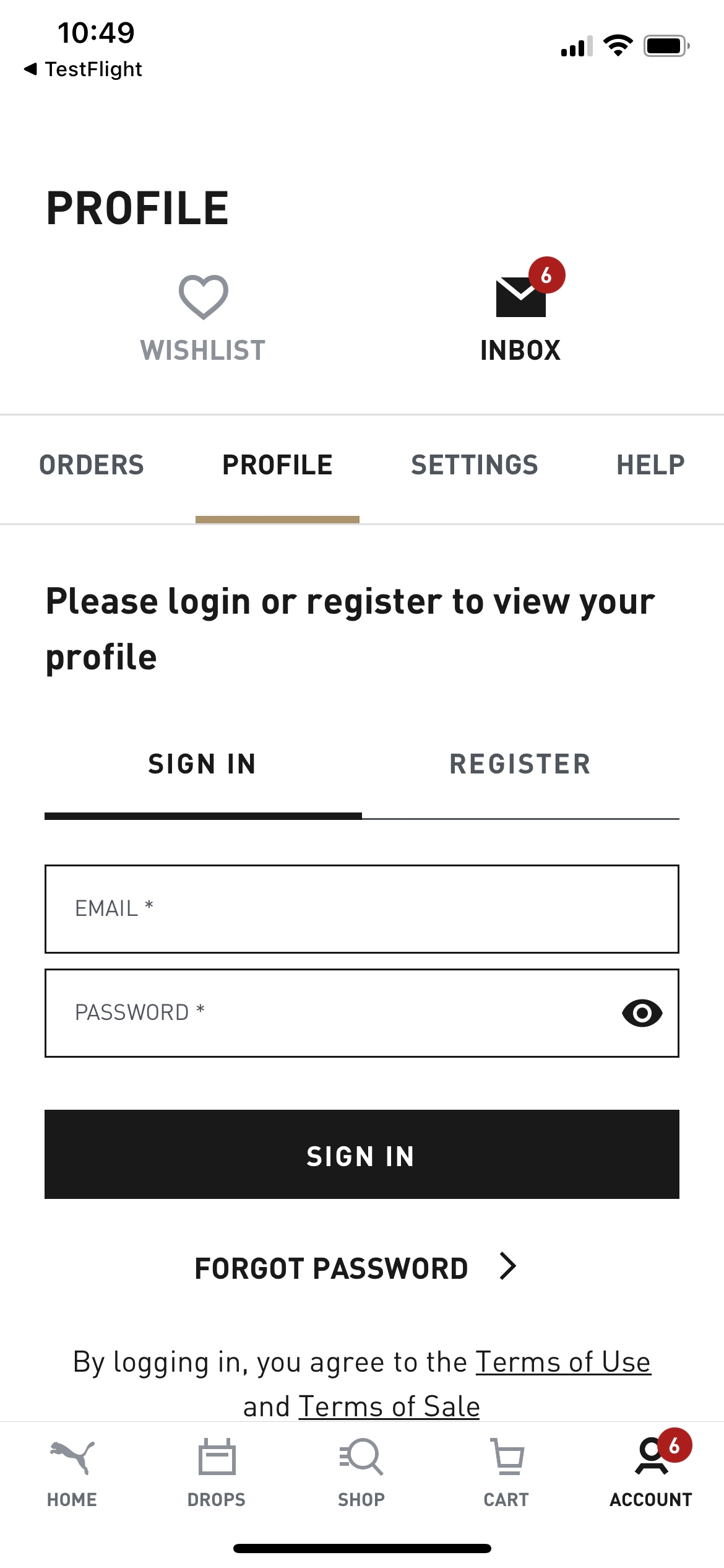 Original PUMA app account screen