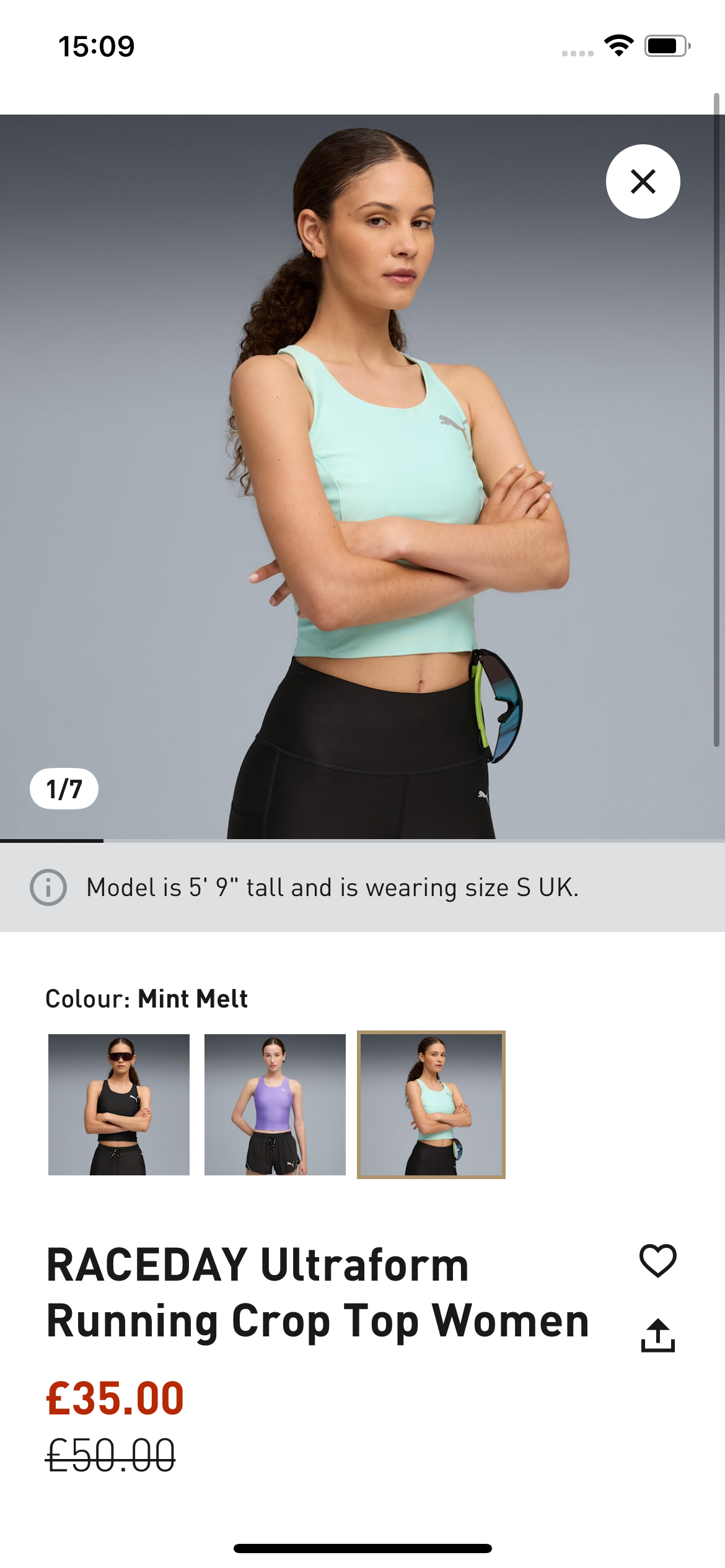 PUMA product page showing model sizing information