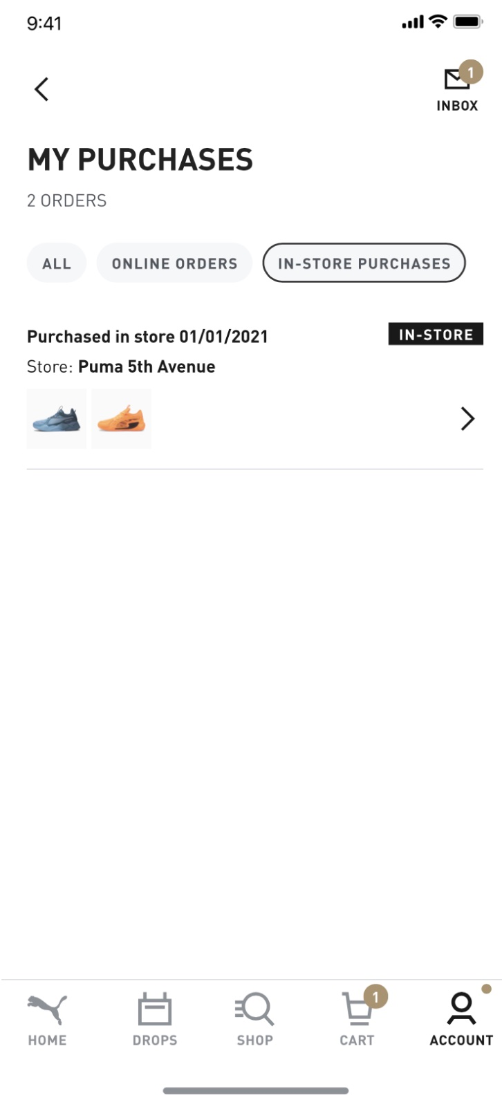 In-store purchase listed in the PUMA app