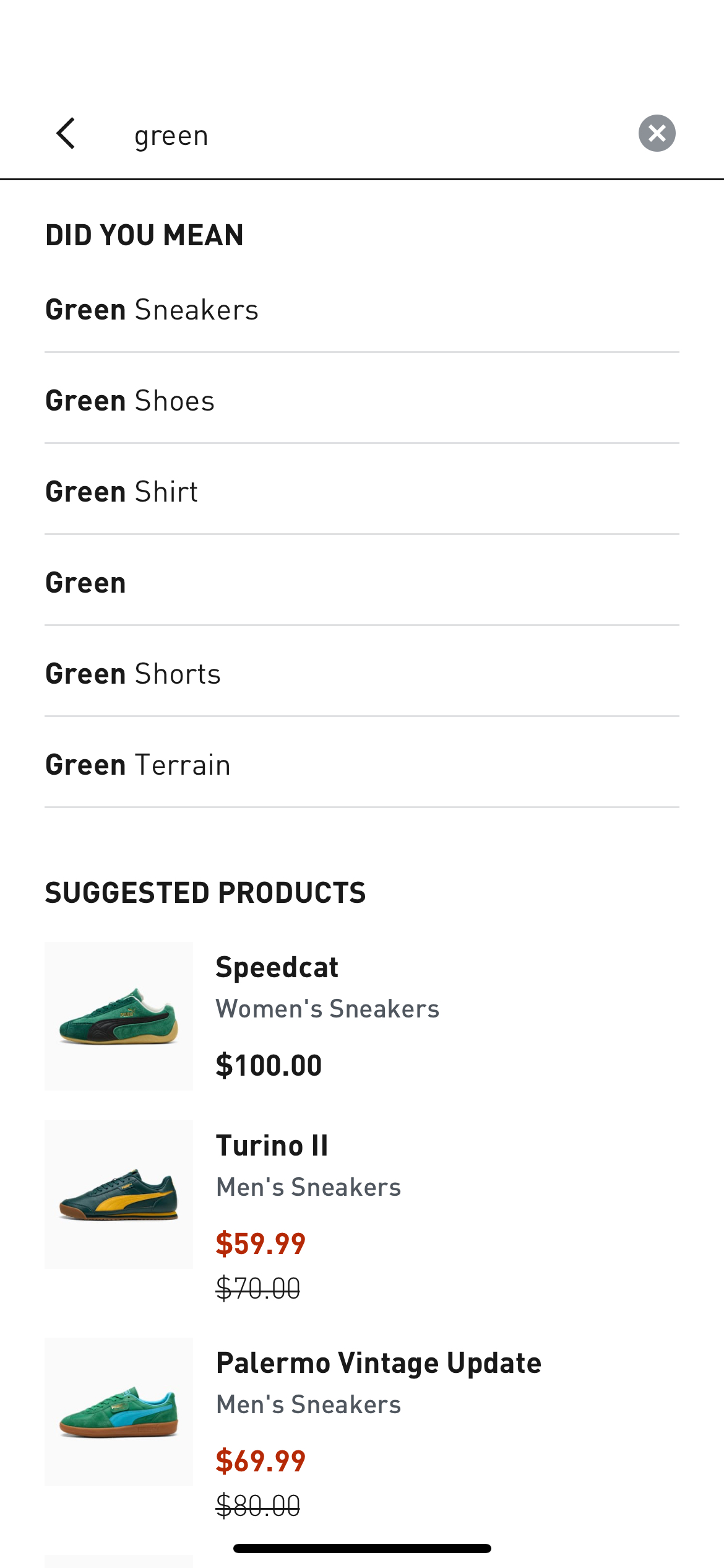 PUMA app search showing recent queries and smart product suggestions