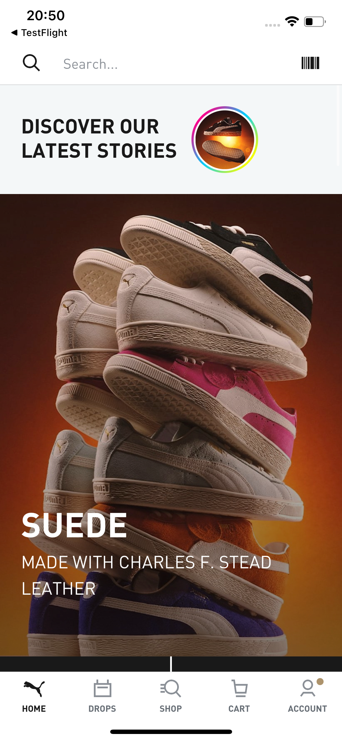Stories entry point on the PUMA app home screen