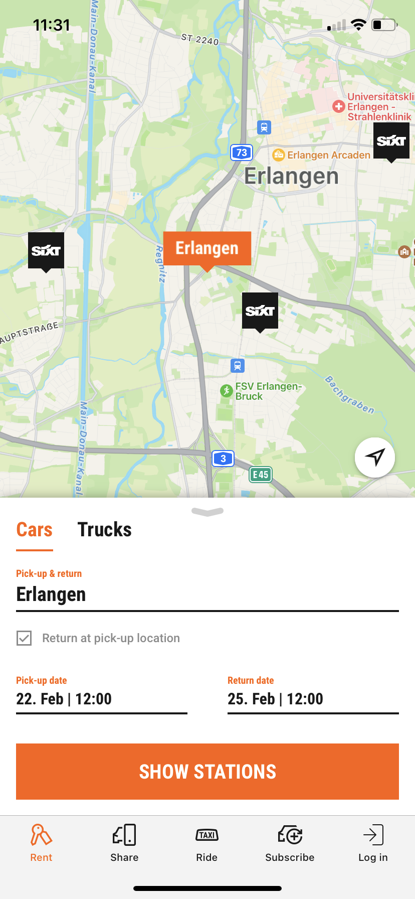 SIXT mobility map interface